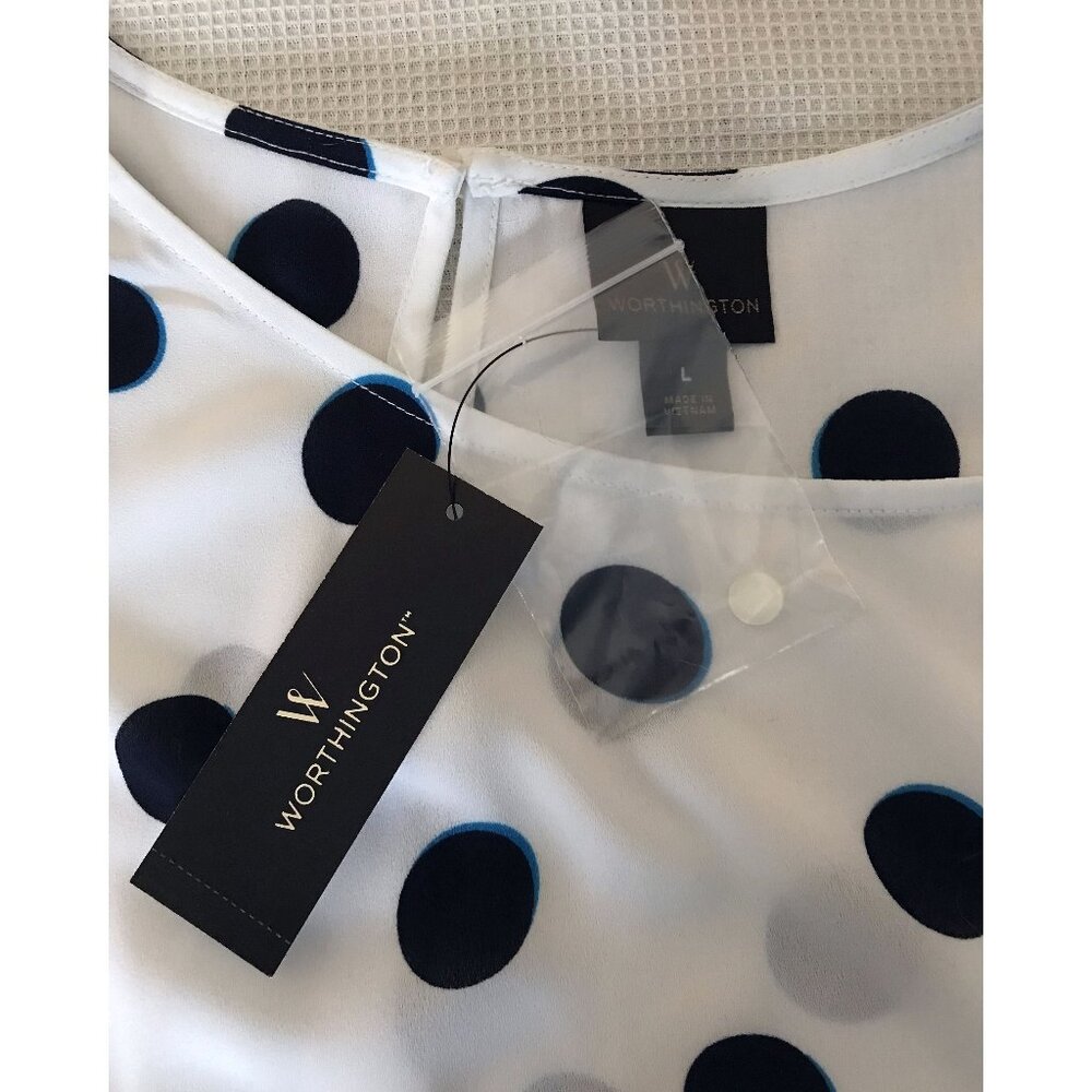 Worthington Flutter Cap Sleeve Round Neck Navy Polka Dot Blouse, Size L - Picture 8 of 15
